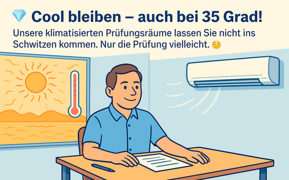 Illustration eines klimatisierten Prüfungsraums bei 35 °C. Ein Mann sitzt entspannt an einem Schreibtisch. Das gesamte Bild ist in Blautönen gehalten, mit Text: 'Cool bleiben – auch bei 35 Grad! Unsere klimatisierten Prüfungsräume lassen Sie nicht ins Schwitzen kommen. Nur die Prüfung vielleicht?